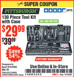 Harbor Freight Coupon PITTSBURGH 130 PIECE TOOL KIT WITH CASE Lot No. 68998/63248/64080/64263/63091 Expired: 11/15/20 - $29.99