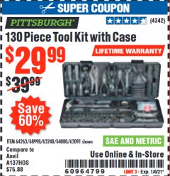 Harbor Freight Coupon PITTSBURGH 130 PIECE TOOL KIT WITH CASE Lot No. 68998/63248/64080/64263/63091 Expired: 1/8/21 - $29.99