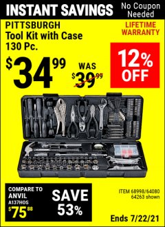 Harbor Freight Coupon PITTSBURGH 130 PIECE TOOL KIT WITH CASE Lot No. 68998/63248/64080/64263/63091 Expired: 7/22/21 - $34.99