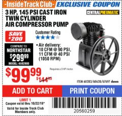 Harbor Freight ITC Coupon 3 HP, 145 PSI CAST IRON TWIN CYLINDER AIR COMPRESSOR PUMP Lot No. 60383/60638/67697 Expired: 10/22/19 - $99.99