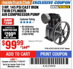 Harbor Freight ITC Coupon 3 HP, 145 PSI CAST IRON TWIN CYLINDER AIR COMPRESSOR PUMP Lot No. 60383/60638/67697 Expired: 11/26/19 - $99.99