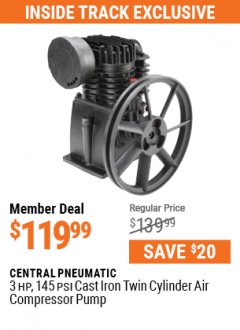 Harbor Freight ITC Coupon 3 HP, 145 PSI CAST IRON TWIN CYLINDER AIR COMPRESSOR PUMP Lot No. 60383/60638/67697 Expired: 5/31/21 - $119.99