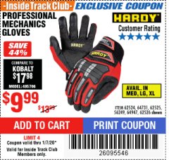 Harbor Freight ITC Coupon HARDY PROFESSIONAL MECHANIC'S GLOVES Lot No. 62524/64731/62525/56249/64947/62526 Expired: 1/7/20 - $9.99
