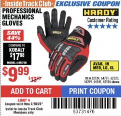 Harbor Freight ITC Coupon HARDY PROFESSIONAL MECHANIC'S GLOVES Lot No. 62524/64731/62525/56249/64947/62526 Expired: 2/18/20 - $9.99