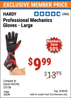 Harbor Freight ITC Coupon HARDY PROFESSIONAL MECHANIC'S GLOVES Lot No. 62524/64731/62525/56249/64947/62526 Expired: 9/30/20 - $9.99
