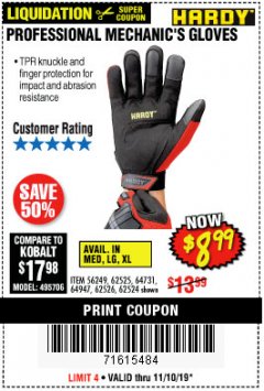 Harbor Freight Coupon HARDY PROFESSIONAL MECHANIC'S GLOVES Lot No. 62524/64731/62525/56249/64947/62526 Expired: 11/10/19 - $8.99