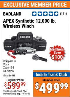 Harbor Freight ITC Coupon BADLAND APEX 12,000 LB. TRUCK/SUV WINCH Lot No. 56385 Expired: 10/31/20 - $499.99
