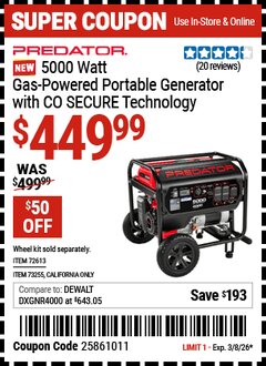 Harbor Freight Coupon PREDATOR 5000 WATT GAS-POWERED PORTABLE GENERATOR WITH CO SECURE TECHNOLOGY Lot No. 72613/73255/56385 Valid Thru: 3/8/26 - $449.99