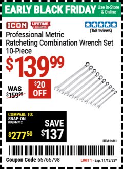 Harbor Freight Coupon ICON 10 PIECE METRIC PROFESSIONAL RATCHETING WRENCH SET Lot No. 64841 Expired: 11/12/23 - $139.99