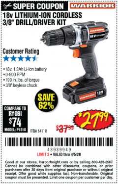 Harbor Freight Coupon 18 VOLT LITHIUM-ION CORDLESS 3/8” DRILL/DRIVER KIT Lot No. 64118 Expired: 6/30/20 - $27.99