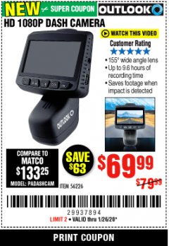 Harbor Freight Coupon OUTLOOK HD 1080P DASH CAMERA  Lot No. 56226 Expired: 1/26/20 - $69.99