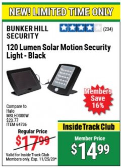 Harbor Freight ITC Coupon 120 LUMEN SOLAR MOTION SECURITY LIGHTS Lot No. 64732, 64733, 64735, 64736 Expired: 11/25/20 - $14.99