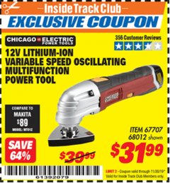 Harbor Freight ITC Coupon 12V LITHIUM-ION VARIABLE SPEED OSCILLATING MULTIFUNCTION POWER TOOL Lot No. 67707/68012 Expired: 11/30/19 - $31.99
