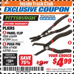 Harbor Freight ITC Coupon PLIERS PANEL CLIP PUSH PIN Lot No. 63699/67399/67400/63700 Expired: 11/30/19 - $4.99