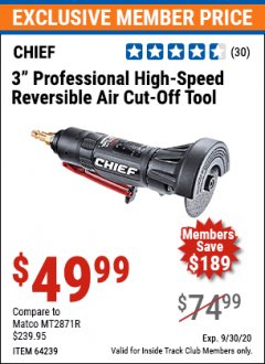 Harbor Freight ITC Coupon 3" PROFESSIONAL HIGH-SPEED REVERSIBLE AIR CUT-OFF TOOL Lot No. 64239 Expired: 9/30/20 - $49.99