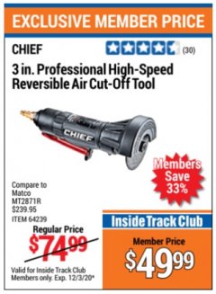 Harbor Freight ITC Coupon 3" PROFESSIONAL HIGH-SPEED REVERSIBLE AIR CUT-OFF TOOL Lot No. 64239 Expired: 12/3/20 - $49.99