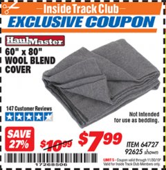 Harbor Freight ITC Coupon 60" X 80" WOOL BLEND COVER Lot No. 64727/82625 Expired: 11/30/19 - $7.99
