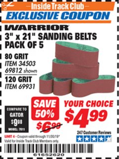 Harbor Freight ITC Coupon 3" X 21" SANDING BELTS PACK OF 5 Lot No. 34503/69812/69931 Expired: 11/30/19 - $4.99