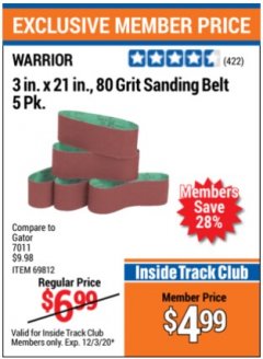 Harbor Freight ITC Coupon 3" X 21" SANDING BELTS PACK OF 5 Lot No. 34503/69812/69931 Expired: 12/3/20 - $4.99