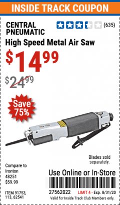 Harbor Freight ITC Coupon HIGH SPEED METAL AIR SAW Lot No. 113/62541/91753 Expired: 8/31/20 - $14.99