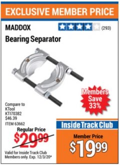Harbor Freight ITC Coupon BEARING SEPARATOR Lot No. 3979/63662 Expired: 12/3/20 - $19.99