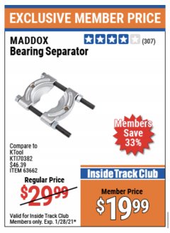 Harbor Freight ITC Coupon BEARING SEPARATOR Lot No. 3979/63662 Expired: 1/28/21 - $19.99