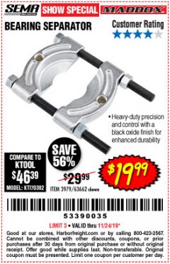 Harbor Freight Coupon BEARING SEPARATOR Lot No. 3979/63662 Expired: 11/24/19 - $19.99