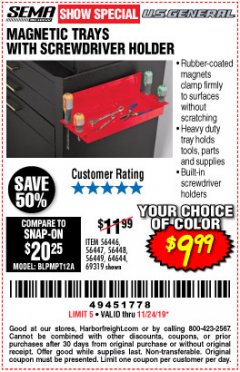 Harbor Freight Coupon MAGNETIC TRAYS WITH SCREWDRIVER HOLDER Lot No. 56446, 56447, 56448, 56449, 64644, 69319 Expired: 11/24/19 - $9.99