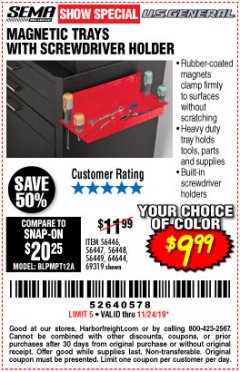 Harbor Freight Coupon MAGNETIC TRAYS WITH SCREWDRIVER HOLDER Lot No. 56446, 56447, 56448, 56449, 64644, 69319 Expired: 11/24/19 - $9.99