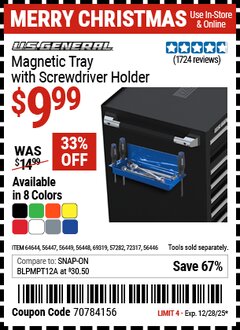 Harbor Freight Coupon U.S. GENERAL MAGNETIC TRAY WITH SCREWDRIVER HOLDER Lot No. 56446/56447/56448/56449/57282/64644/69319 Valid Thru: 12/28/25 - $9.99