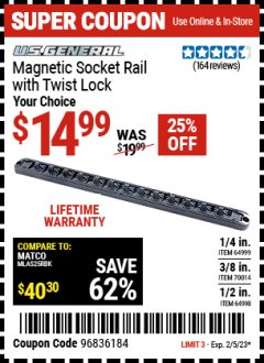 Harbor Freight Coupon MAGNETIC TWIST LOCK SOCKET RAILS Lot No. 64999, 70014, 64998 Expired: 2/5/23 - $14.99