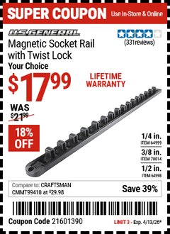 Harbor Freight Coupon U.S. GENERAL 1/2 IN. MAGNETIC SOCKET RAIL WITH TWIST LOCK Lot No. 64998 Valid Thru: 4/13/26 - $17.99