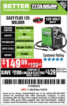 Harbor Freight Coupon TITANIUM EASY-FLUX 125 WELDER Lot No. 56359/56355 Expired: 12/8/19 - $149.99