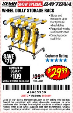 Harbor Freight Coupon WHEEL DOLLY STORAGE RACK Lot No. 64496 Expired: 11/24/19 - $29.99