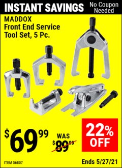 Harbor Freight Coupon MADDOX 5 PIECE TIE ROD SEPARATOR SET Lot No. 63738 Expired: 4/29/21 - $69.99