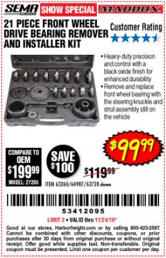 Harbor Freight Coupon MADDOX 21 PIECE FRONT WHEEL DRIVE BEARING REMOVER AND INSTALLER KIT Lot No. 63260/64987/63728 Expired: 11/24/19 - $99.99