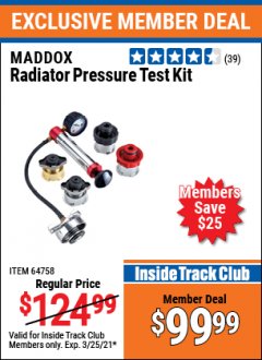 Harbor Freight ITC Coupon MADDOX RADIATOR PRESSURE TEST KIT Lot No. 64758 Expired: 3/25/21 - $99.99