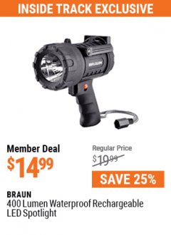 Harbor Freight Coupon 400 LUMEN WATERPROOF RECHARGEABLE LED SPOTLIGHT  Lot No. 64757 Expired: 7/1/21 - $14.99