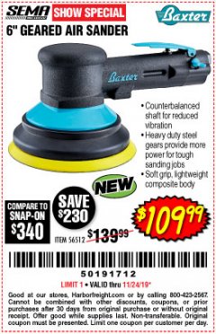 Harbor Freight Coupon 6" GEARED AIR SANDER Lot No. 56512 Expired: 11/24/19 - $109.99