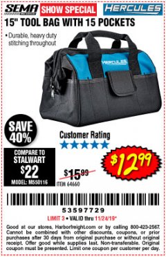 Harbor Freight Coupon HERCULES 15" TOOL BAG WITH 15 POCKETS Lot No. 64660 Expired: 11/24/19 - $12.99