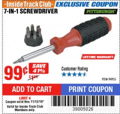 Harbor Freight ITC Coupon 7-IN-1 SCREWDRIVER Lot No. 94955 Expired: 11/12/19 - $0.99