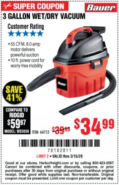 Harbor Freight Coupon 3 GALLON WET/DRY VACUUM Lot No. 64753 Expired: 3/15/20 - $34.99