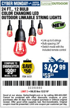 Harbor Freight Coupon 24 FT., 12 BULB COLOR CHANGING LED OUTDOOR LINKABLE STRING LIGHTS Lot No. 56521 Expired: 12/1/19 - $42.99