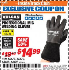 Harbor Freight ITC Coupon VULCAN PROFESSIONAL MIG WELDING GLOVES Lot No. 56678/63487/56679/63488 Expired: 4/30/20 - $14.99