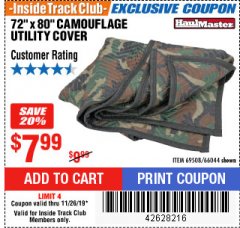 Harbor Freight ITC Coupon 72" X 80" CAMOUFLAGE UTILITY COVER Lot No. 66044 Expired: 11/26/19 - $7.99