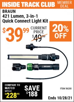 Harbor Freight ITC Coupon BRAUN 3-IN-1 QUICK CONNECT LIGHT KIT Lot No. 56200 Expired: 10/28/21 - $39.99