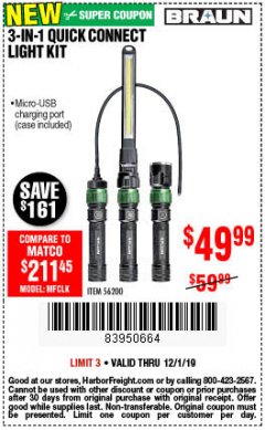 Harbor Freight Coupon BRAUN 3-IN-1 QUICK CONNECT LIGHT KIT Lot No. 56200 Expired: 12/1/19 - $49.99
