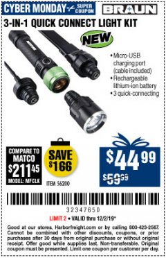 Harbor Freight Coupon BRAUN 3-IN-1 QUICK CONNECT LIGHT KIT Lot No. 56200 Expired: 12/2/19 - $44.99