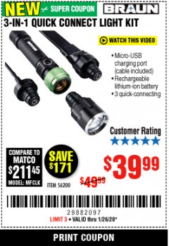 Harbor Freight Coupon BRAUN 3-IN-1 QUICK CONNECT LIGHT KIT Lot No. 56200 Expired: 1/26/20 - $39.99