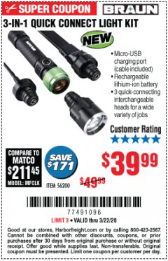 Harbor Freight Coupon BRAUN 3-IN-1 QUICK CONNECT LIGHT KIT Lot No. 56200 Expired: 3/22/20 - $39.99